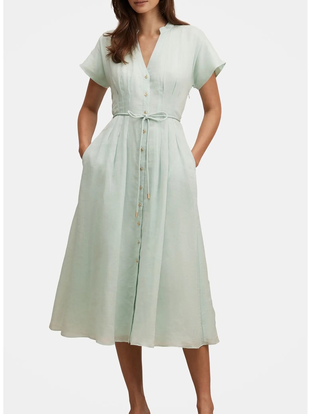 Ever New Button-Front Mint Green Midi Dress with Tie Waist
